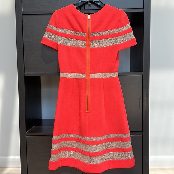 BCBGMAXAZRIA Kalli Crepe Lace Short Sleeves Red Shift Dress - Picture 2 of 5